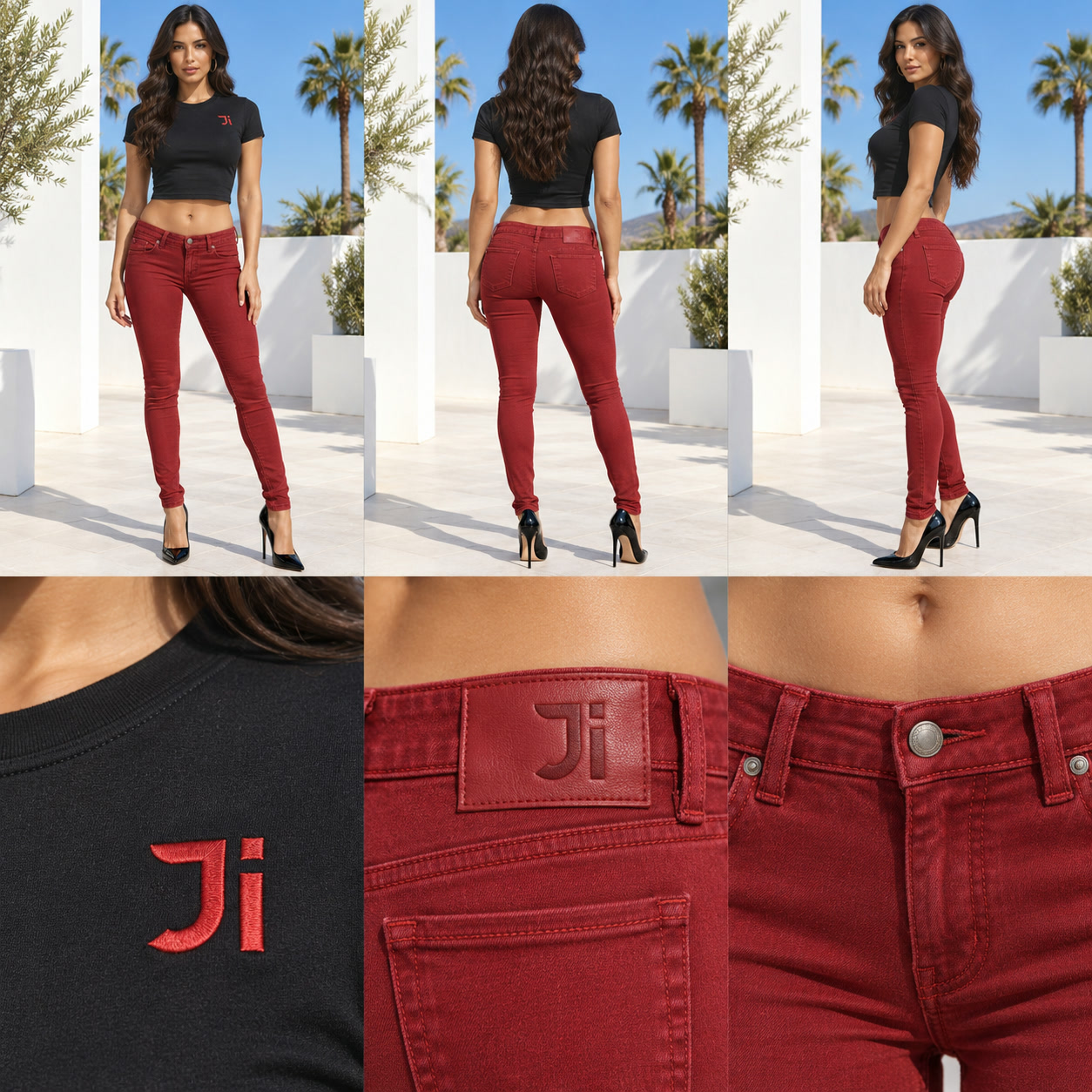 The cherry skinny in Cherry red, front view with stilettos