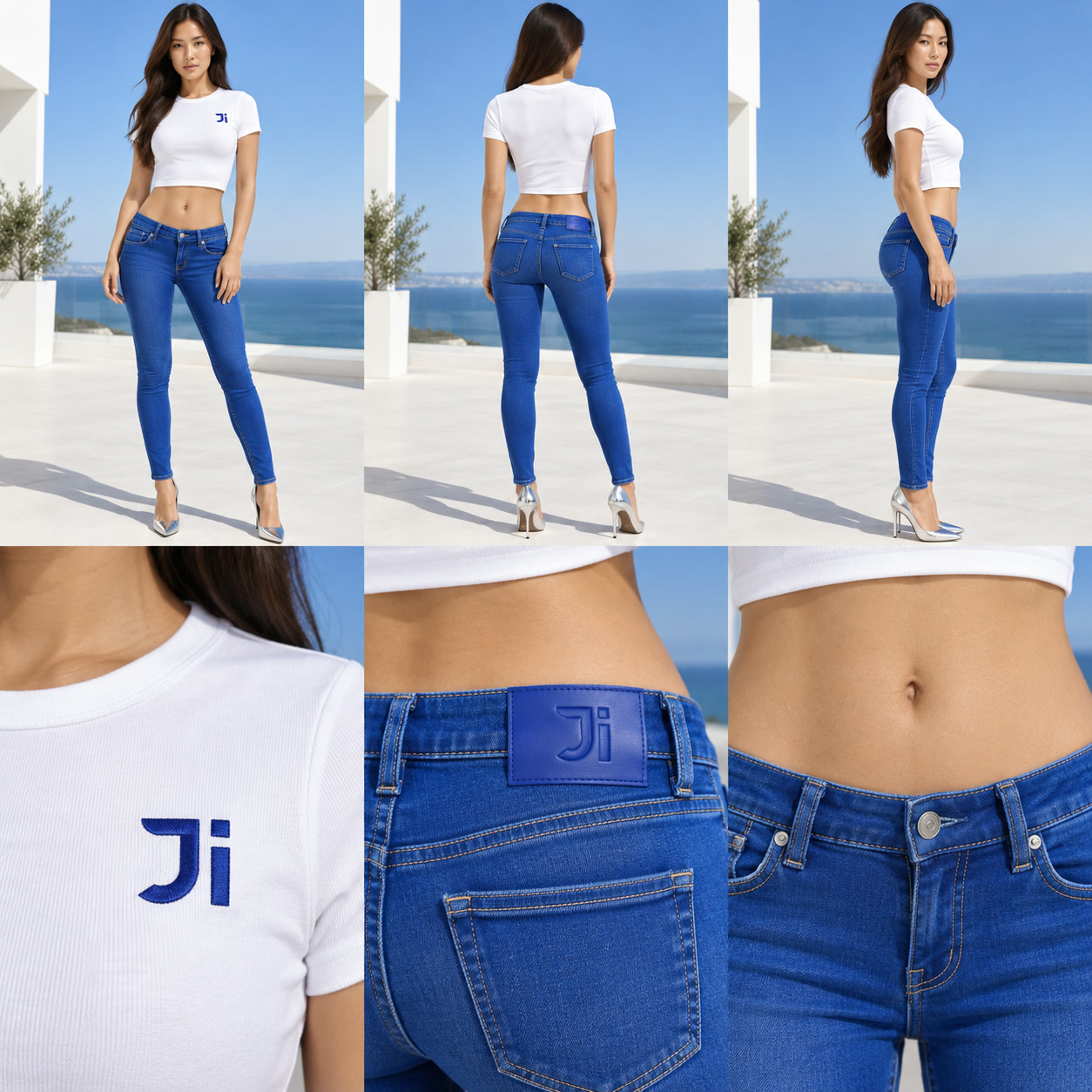 The cobalt skinny in Electric blue, front view with stilettos